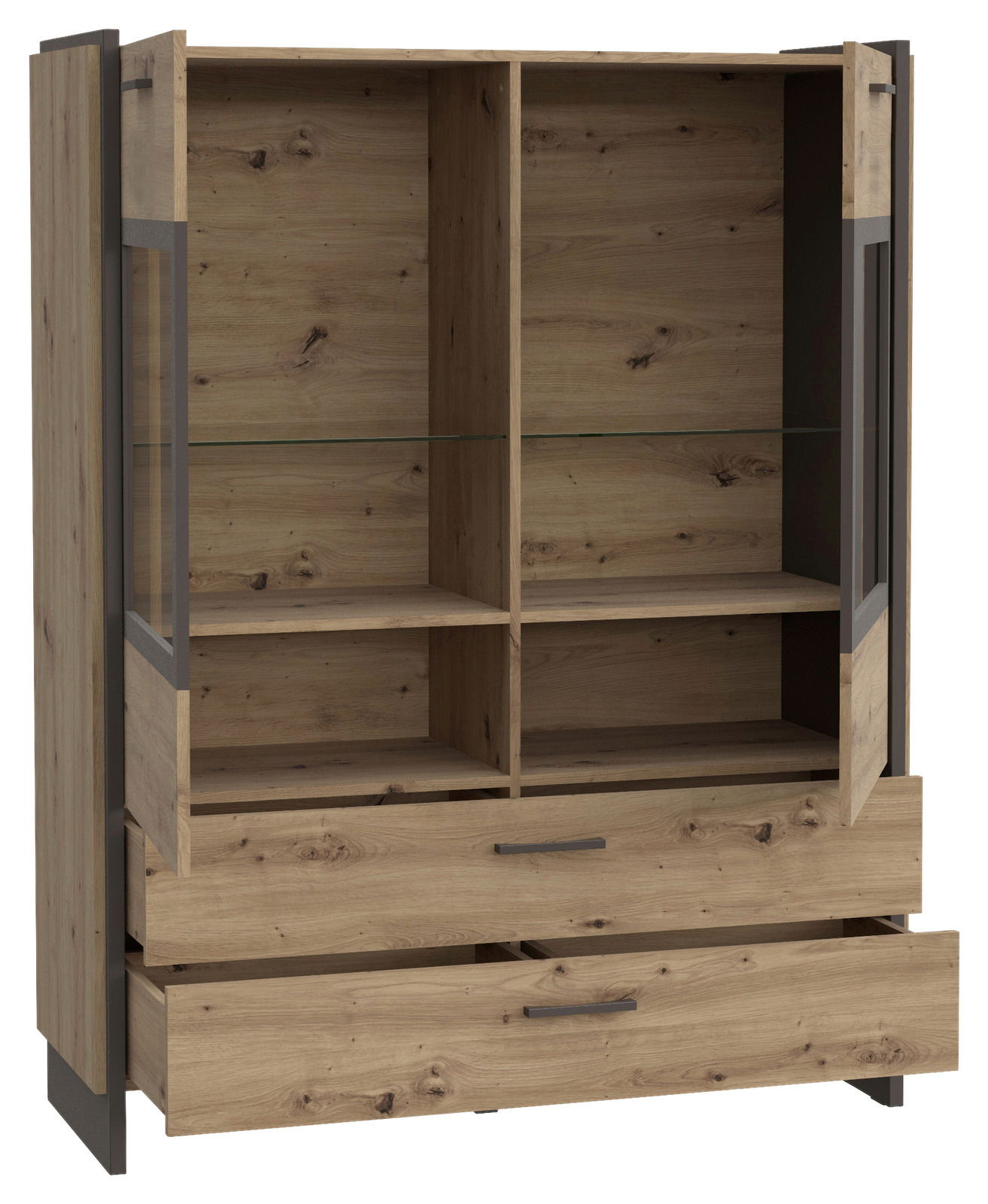 Holz-Highboardvitrine mit offenen Türen und Schubladen, Frontansicht