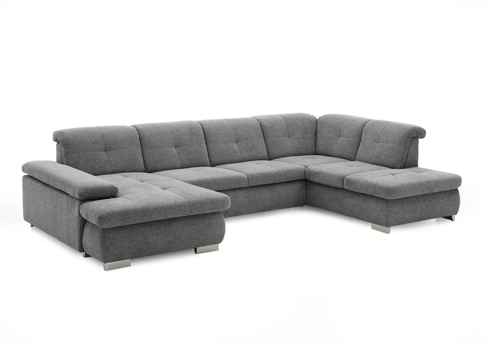 Graue Polsterrundecke Beldomo Style Wohnlandschaft BOCHUM in L-Form, perspektivisch von vorne links fotografiert.