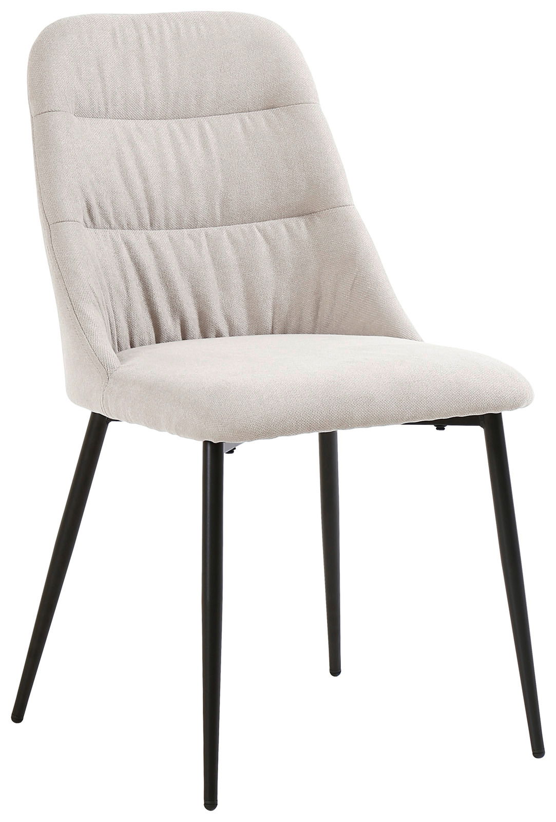 Moderner Stuhl mit hellgrauem Stoffbezug und schwarzen Metallbeinen, seitliche Perspektive