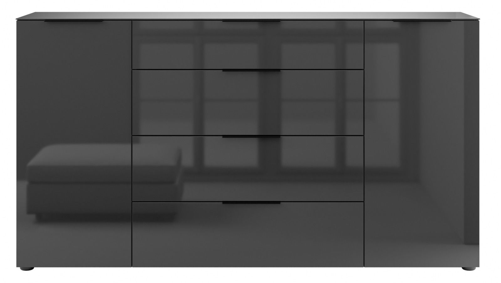 Frontansicht eines modernen, schwarzen XL-Sideboards mit Hochglanzoberfläche und mehreren Schubladen.