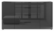 Frontansicht eines modernen, schwarzen XL-Sideboards mit Hochglanzoberfläche und mehreren Schubladen.