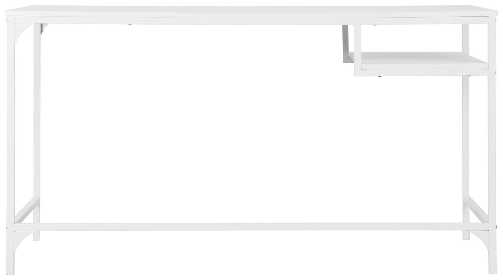 Moderner weißer Schreibtisch mit minimalistischem Design und seitlichem Regal, Frontalansicht.