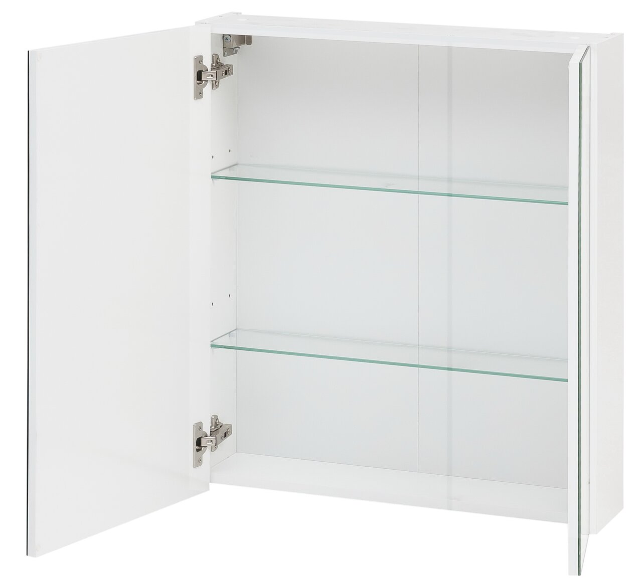 Offener weißer Spiegelschrank mit zwei Glaseinlegeböden, Perspektive von links vorne