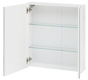 Offener weißer Spiegelschrank mit zwei Glaseinlegeböden, Perspektive von links vorne