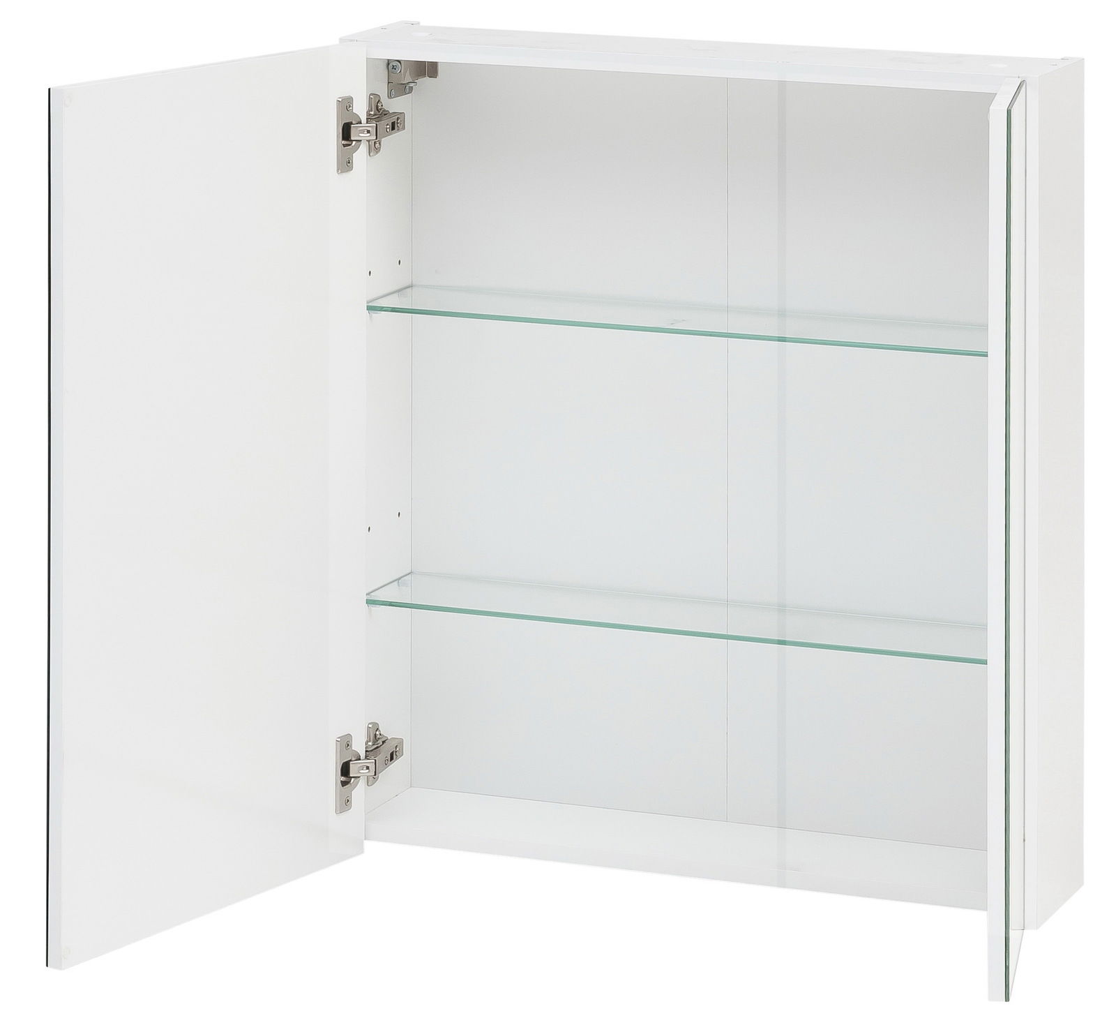 Offener weißer Spiegelschrank mit zwei Glaseinlegeböden, Perspektive von links vorne