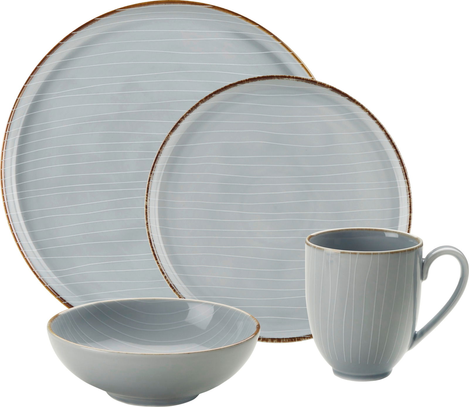 Kombiservice Bergen 24-tlg in grauem Design mit feinen Linien, bestehend aus Teller, Schale und Tasse, seitliche Perspektive