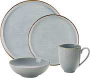 Kombiservice Bergen 24-tlg in grauem Design mit feinen Linien, bestehend aus Teller, Schale und Tasse, seitliche Perspektive