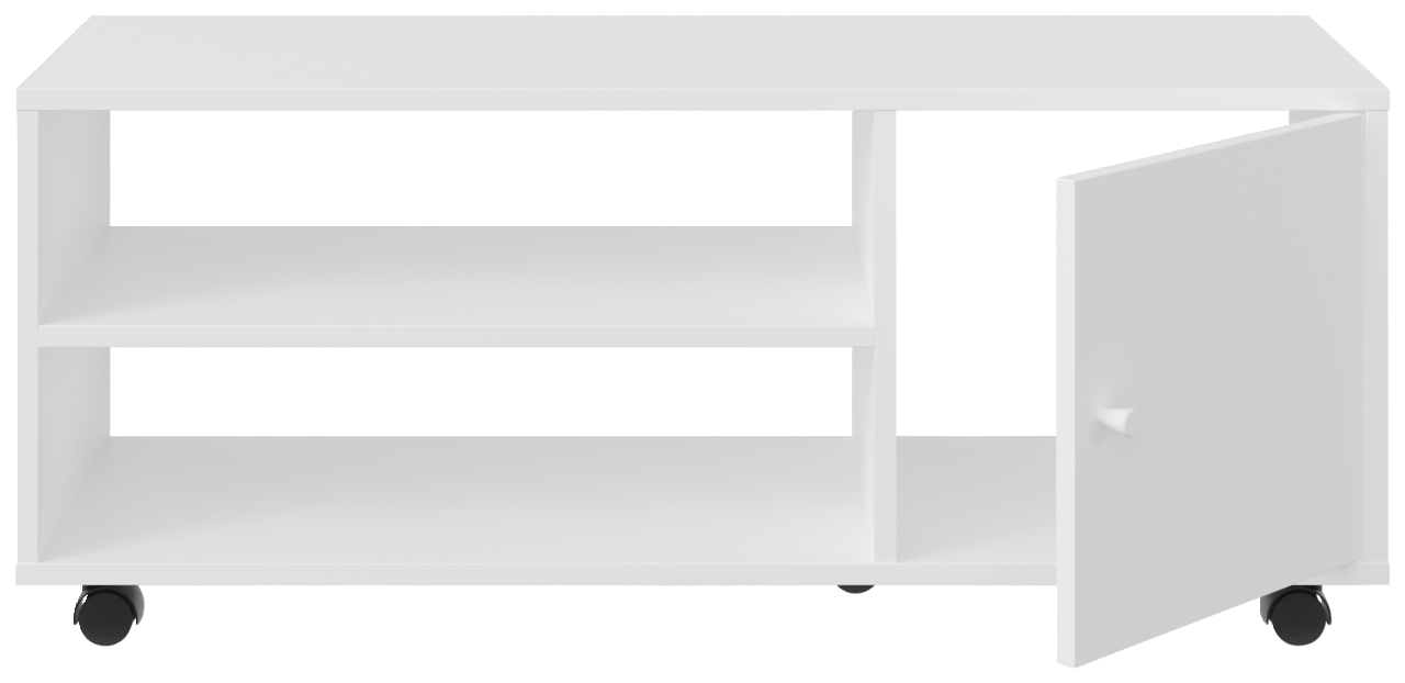 Weißer TV-Rollwagen mit zwei offenen Regalfächern und einer Tür, auf Rollen, Frontalansicht.