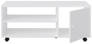 Weißer TV-Rollwagen mit zwei offenen Regalfächern und einer Tür, auf Rollen, Frontalansicht.