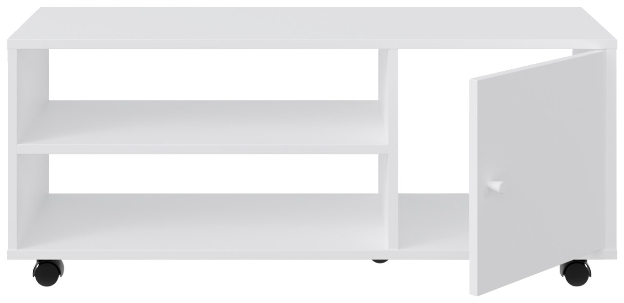 Weißer TV-Rollwagen mit zwei offenen Regalfächern und einer Tür, auf Rollen, Frontalansicht.