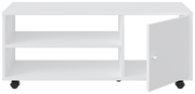 Weißer TV-Rollwagen mit zwei offenen Regalfächern und einer Tür, auf Rollen, Frontalansicht.
