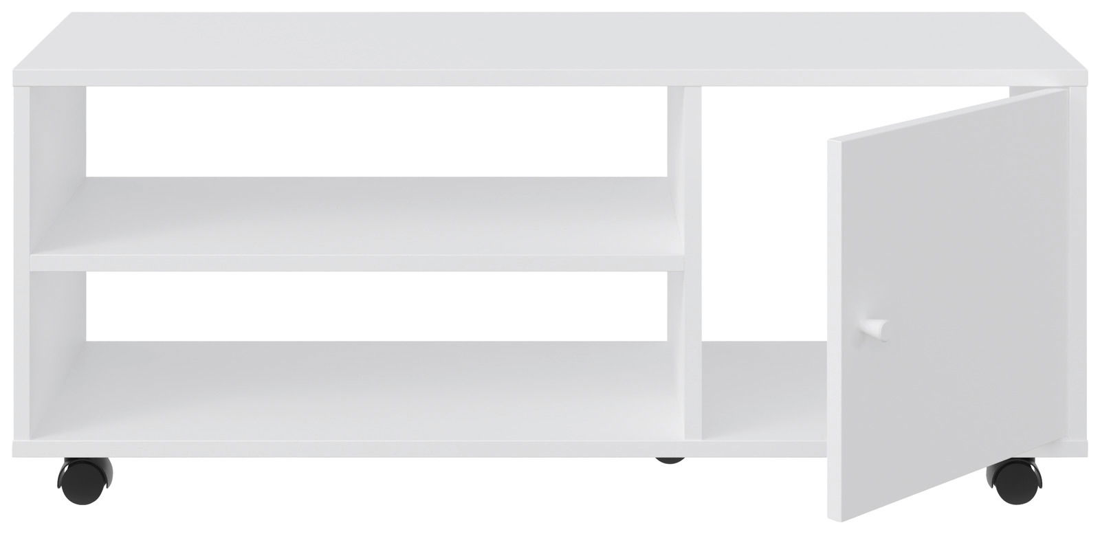 Weißer TV-Rollwagen mit zwei offenen Regalfächern und einer Tür, auf Rollen, Frontalansicht.