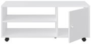 Weißer TV-Rollwagen mit zwei offenen Regalfächern und einer Tür, auf Rollen, Frontalansicht.