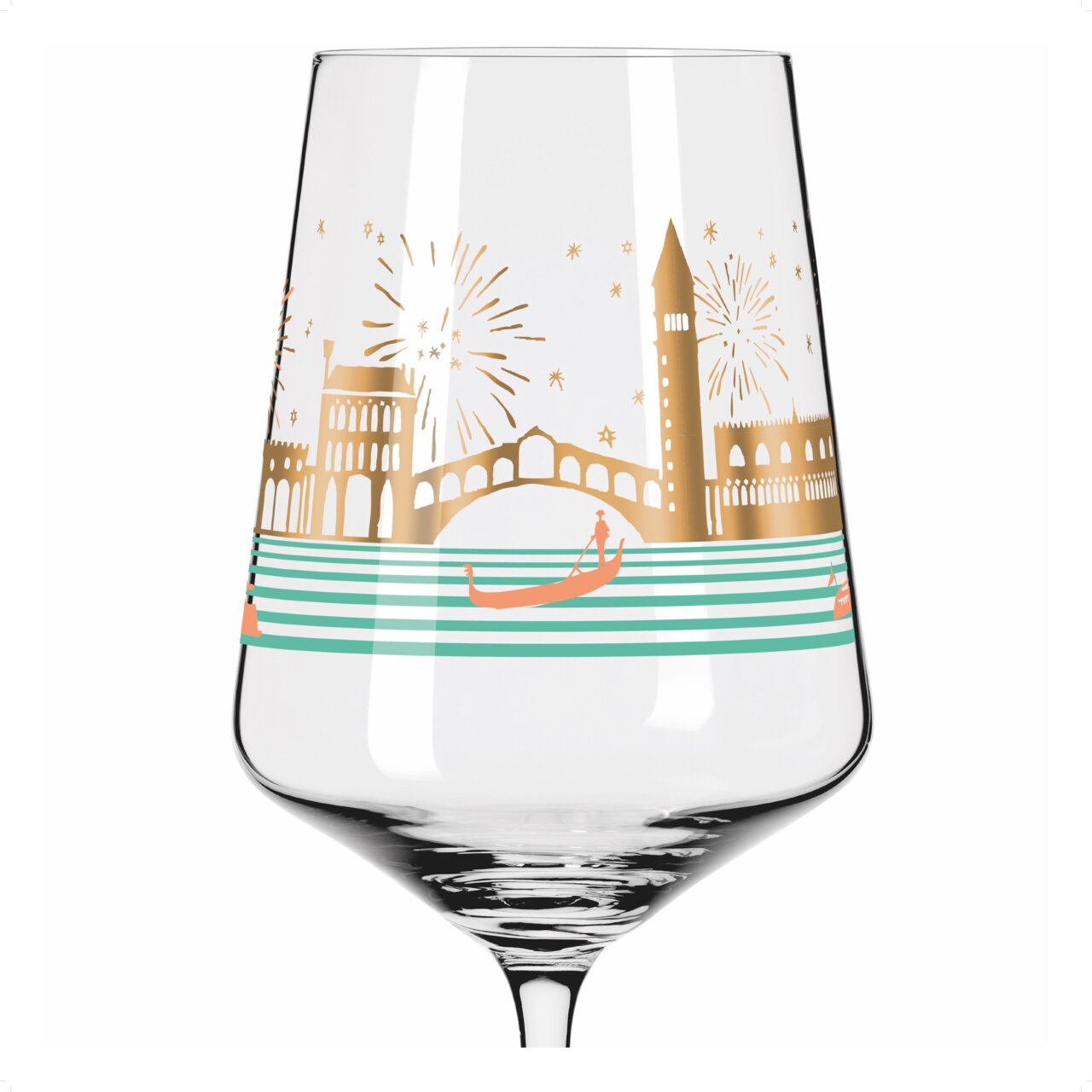 Wijnglas met gouden afbeeldingen van Venetië, inclusief gondel en vuurwerk, vanuit vooraanzicht.