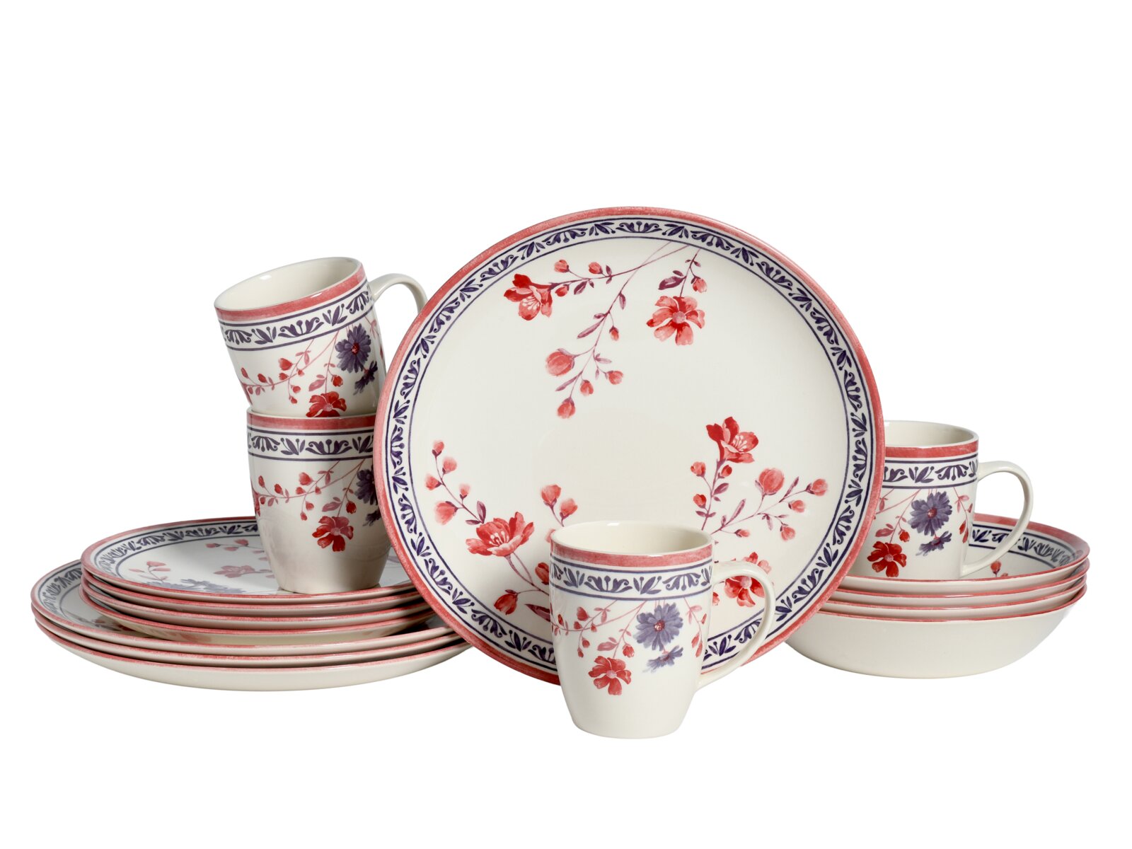 creaTable Kombiservice 16-tlg COTTAGE Keramik-Geschirrset mit großem Servierteller, Speisetellern, Schalen und Bechern mit rotem und blauem Blumenmuster, freigestellt auf weißem Hintergrund, Frontansicht in leicht schräger Perspektive