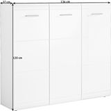 Weißer XL-Schuhschrank mit drei Türen, seitliche Perspektive, Maße 134 cm Breite, 120 cm Höhe, 37 cm Tiefe