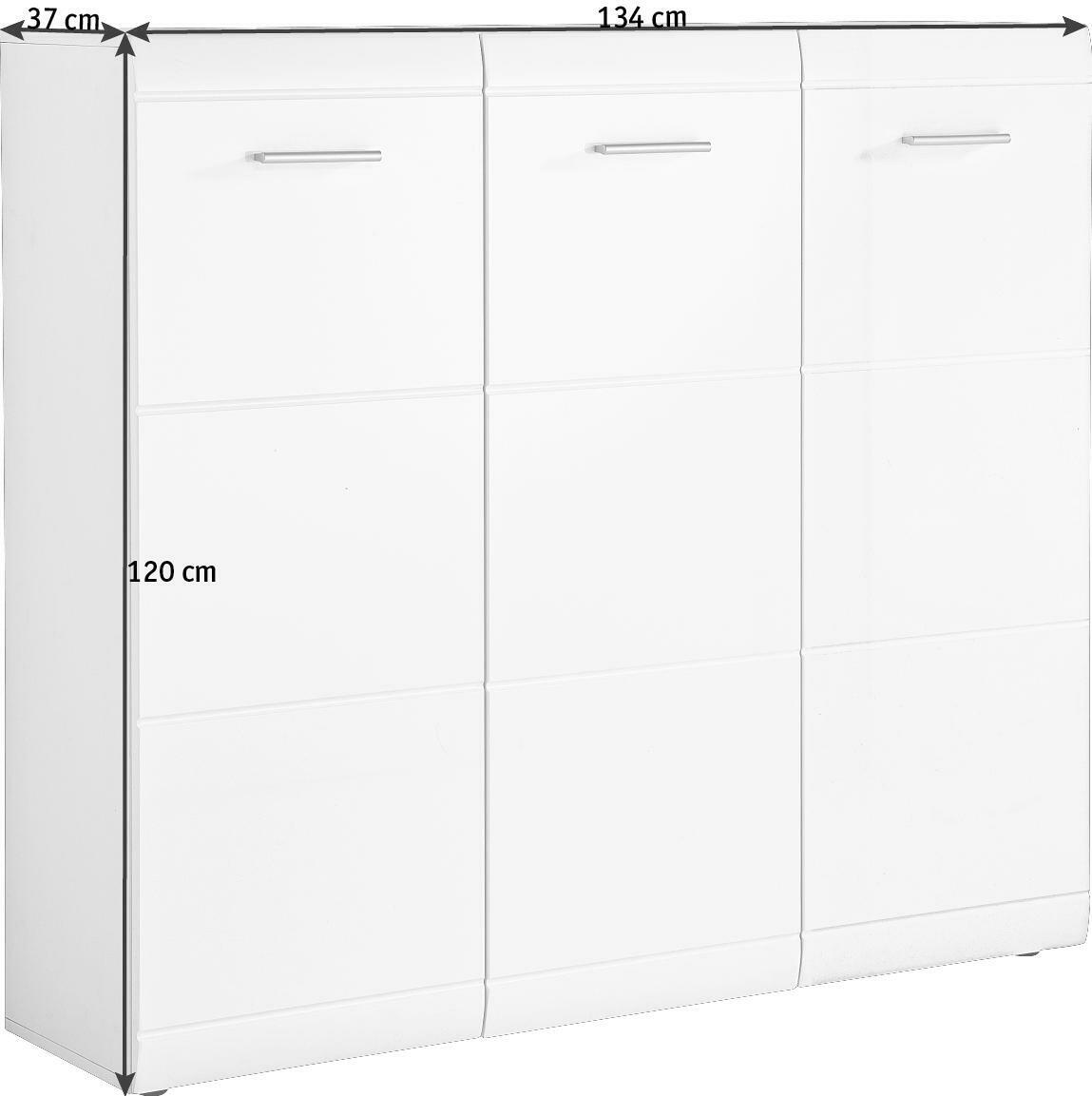 Weißer XL-Schuhschrank mit drei Türen, seitliche Perspektive, Maße 134 cm Breite, 120 cm Höhe, 37 cm Tiefe