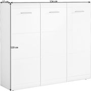 Weißer XL-Schuhschrank mit drei Türen, seitliche Perspektive, Maße 134 cm Breite, 120 cm Höhe, 37 cm Tiefe