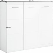 Weißer XL-Schuhschrank mit drei Türen, seitliche Perspektive, Maße 134 cm Breite, 120 cm Höhe, 37 cm Tiefe
