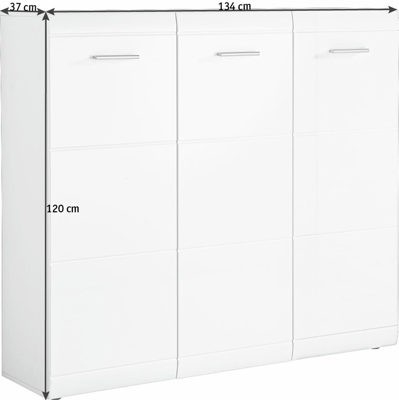 Weißer XL-Schuhschrank mit drei Türen, seitliche Perspektive, Maße 134 cm Breite, 120 cm Höhe, 37 cm Tiefe