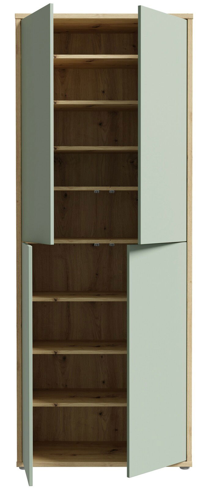 Hoher XL-Schuhschrank mit vier offenen Türen, aus Holz mit grünen Fronten, frontal betrachtet.