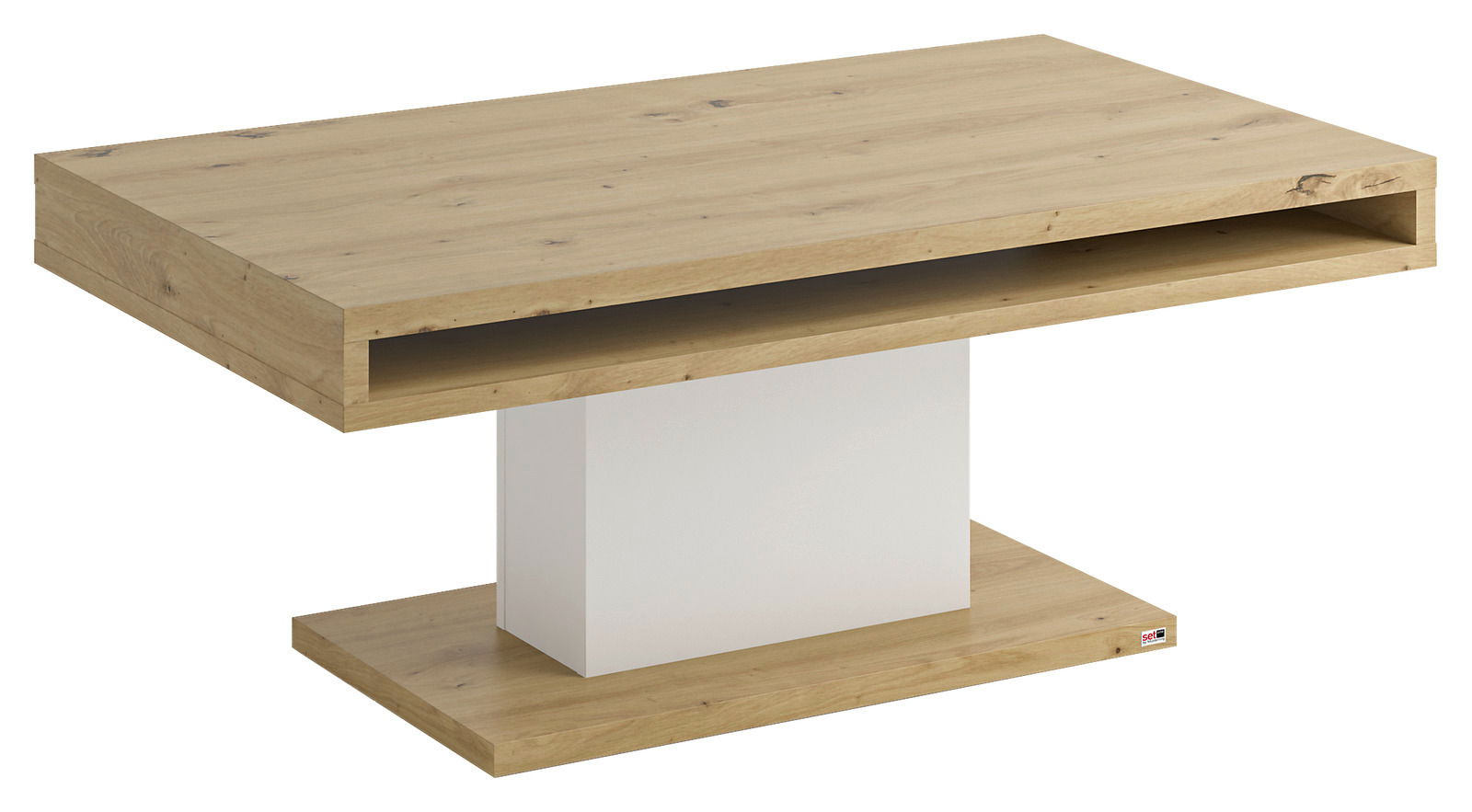 Moderner Couchtisch aus Holz mit rechteckiger Form, seitliche Perspektive