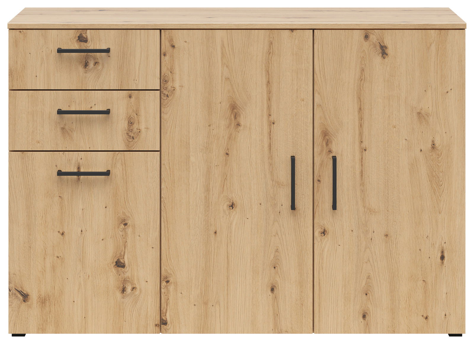 Frontansicht einer Kommode aus hellem Holz mit drei Schubladen und zwei Türen, schwarzen Griffen und natürlicher Holzmaserung.