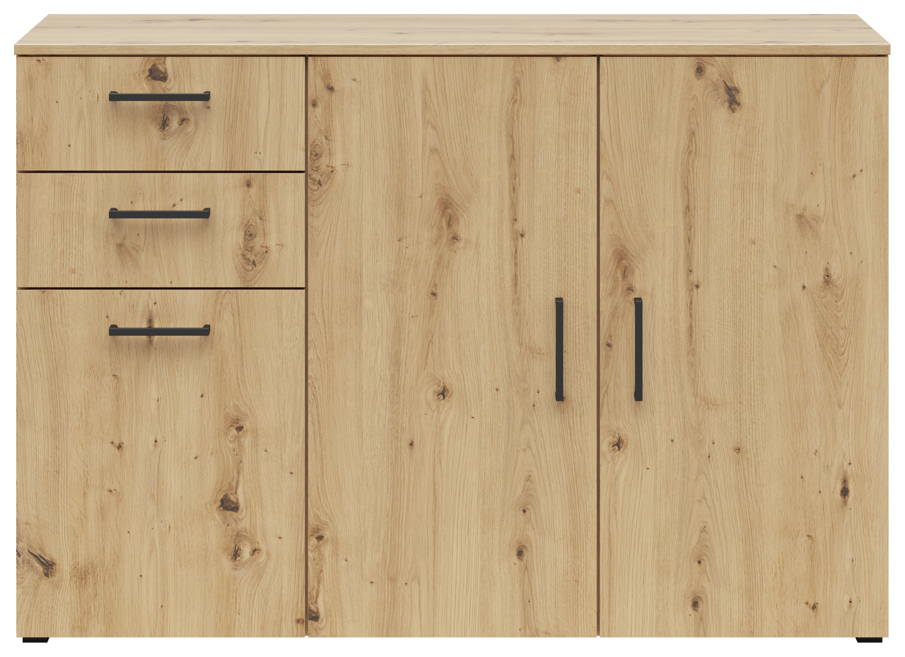 Frontansicht einer Kommode aus hellem Holz mit drei Schubladen und zwei Türen, schwarzen Griffen und natürlicher Holzmaserung.