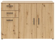 Frontansicht einer Kommode aus hellem Holz mit drei Schubladen und zwei Türen, schwarzen Griffen und natürlicher Holzmaserung.