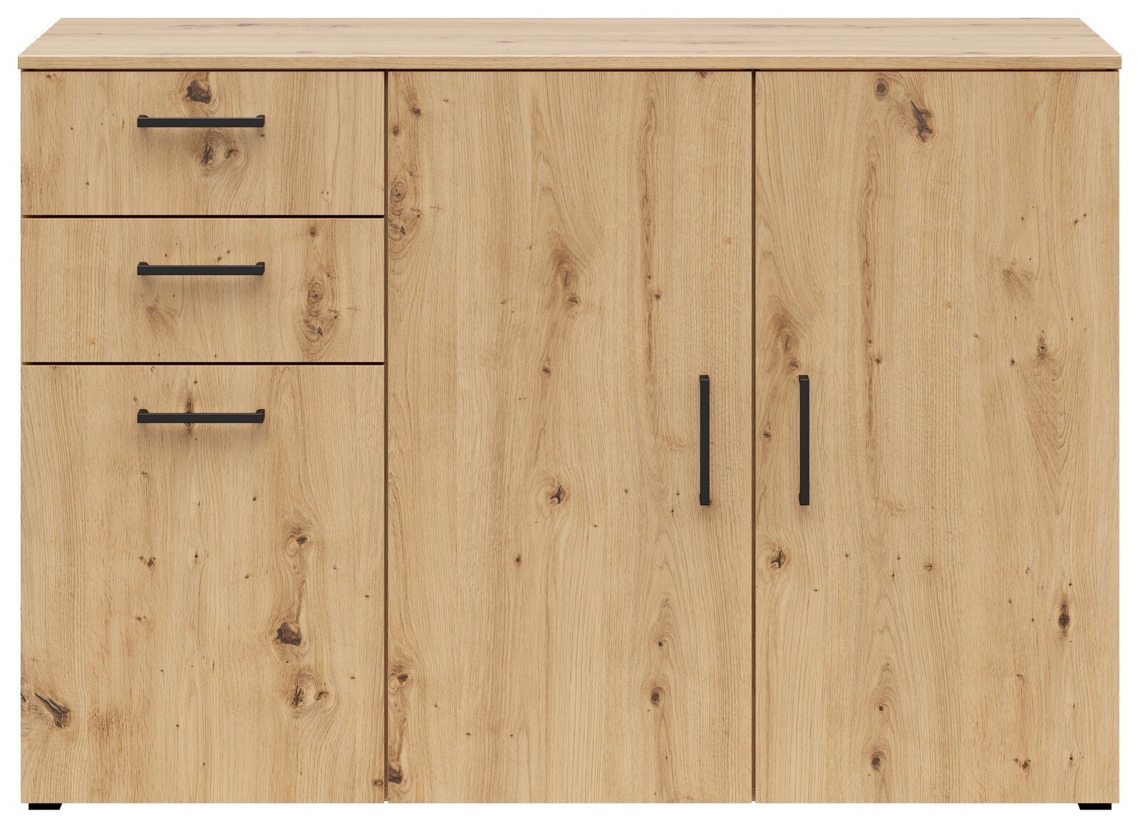 Vooraanzicht van een commode van licht hout met drie lades en twee deuren, zwarte handgrepen en een natuurlijke houtnerf.