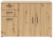 Vooraanzicht van een commode van licht hout met drie lades en twee deuren, zwarte handgrepen en een natuurlijke houtnerf.