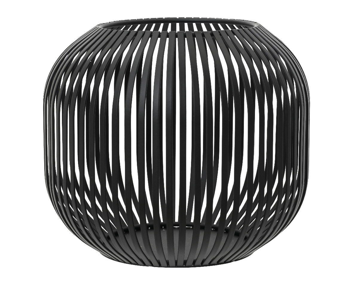 Schwarzes, kugelförmiges Windlicht aus Metall mit vertikalen Streben, seitliche Perspektive