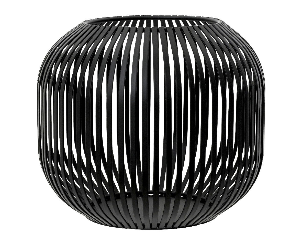 Schwarzes, kugelförmiges Windlicht aus Metall mit vertikalen Streben, seitliche Perspektive