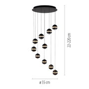 Zwarte meervoudige hanglamp met ronde plafondplaat en negen bolvormige kappen op verschillende hoogtes, warm licht, Ø 55 cm en hoogte 222–220 cm, vooraanzicht afgebeeld op een witte achtergrond.