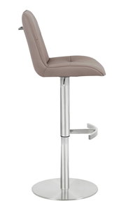 Moderner Barhocker in Seitenansicht mit gepolstertem Sitz und Rückenlehne, verstellbarer Metallfuß und Fußstütze.