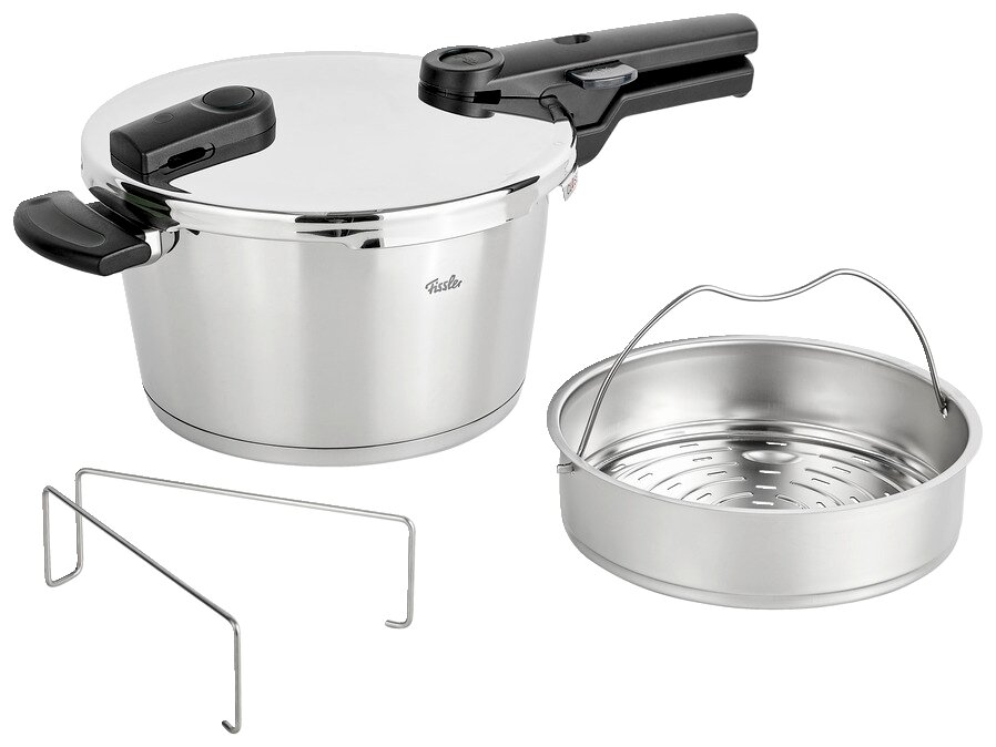 Vitaquick-snelkookpan van 4,5 l van roestvrij staal met accessoires, zijaanzicht