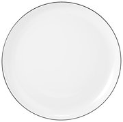 Runde, weiße Porzellanplatte aus der Vogelperspektive fotografiert, Teil des Kombiservice Lido Black 30-teilig.