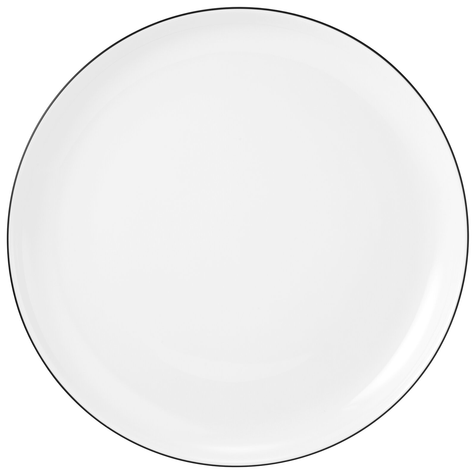 Runde, weiße Porzellanplatte aus der Vogelperspektive fotografiert, Teil des Kombiservice Lido Black 30-teilig.