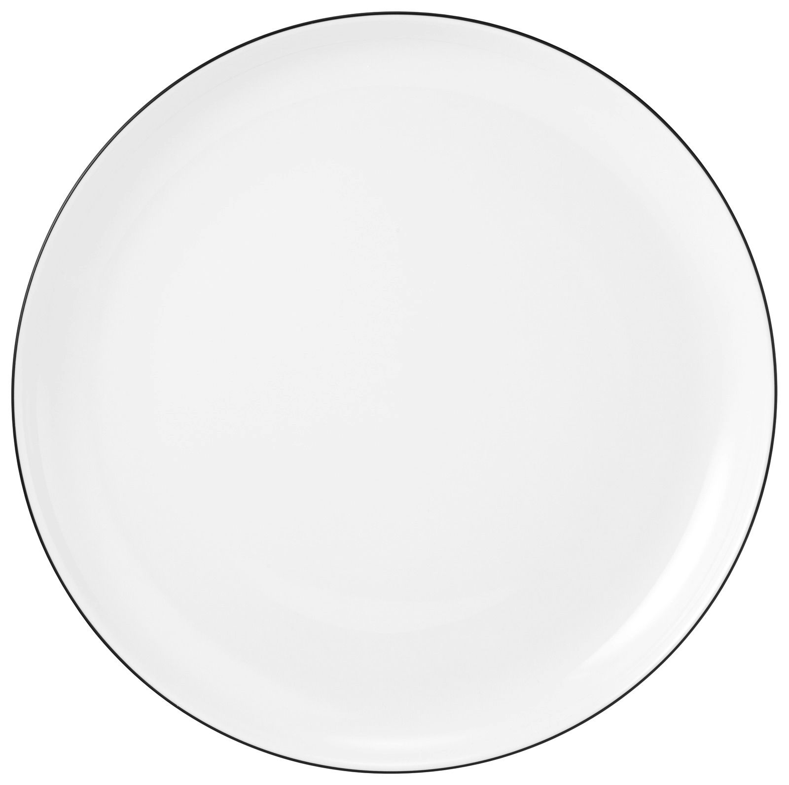 Runde, weiße Porzellanplatte aus der Vogelperspektive fotografiert, Teil des Kombiservice Lido Black 30-teilig.