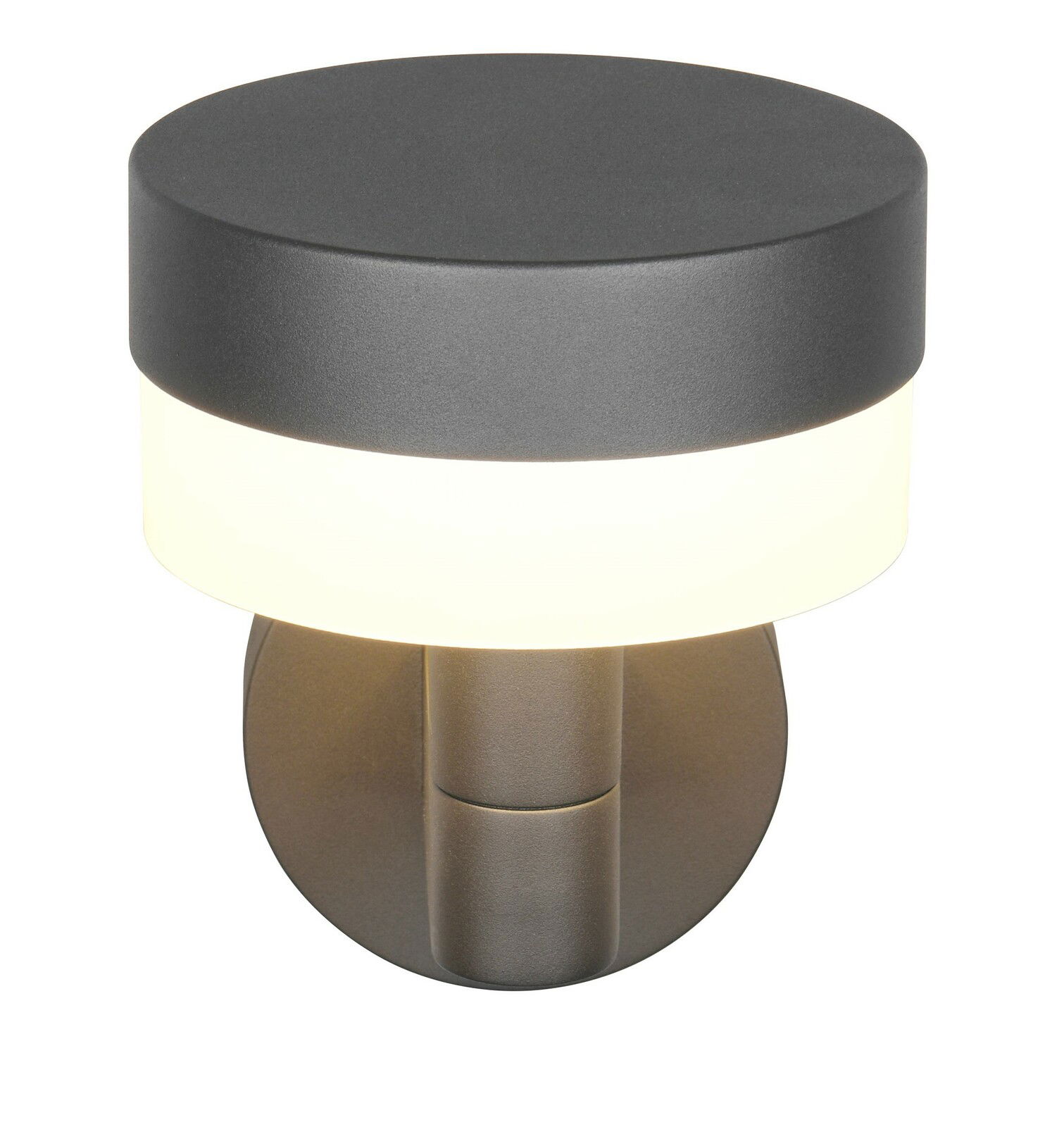 Moderne LED-Außenwandleuchte in anthrazit mit rundem Design, seitliche Perspektive