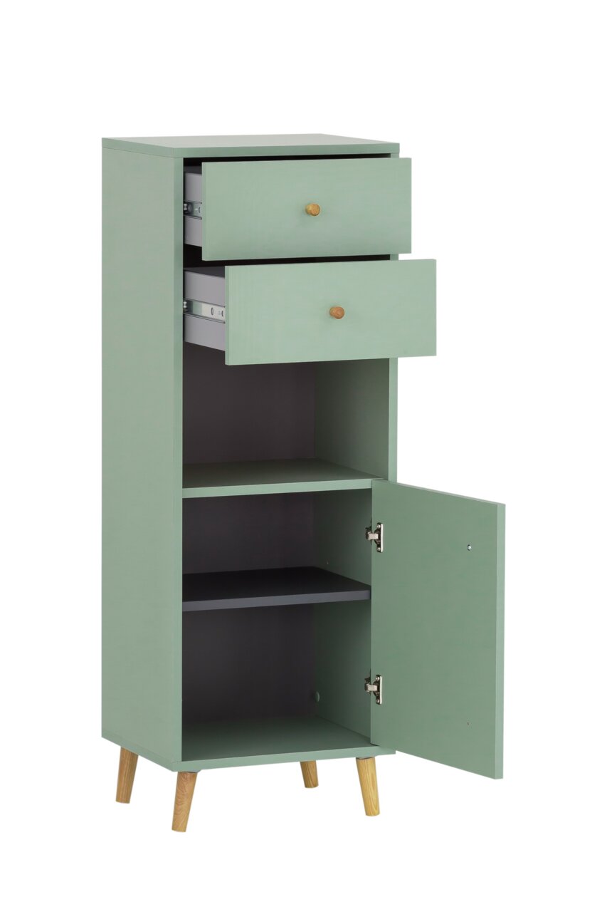 Stylife Highboard BJARNE Grünes Highboard mit zwei offenen Schubladen und einer geöffneten Tür, aus seitlicher Perspektive fotografiert.