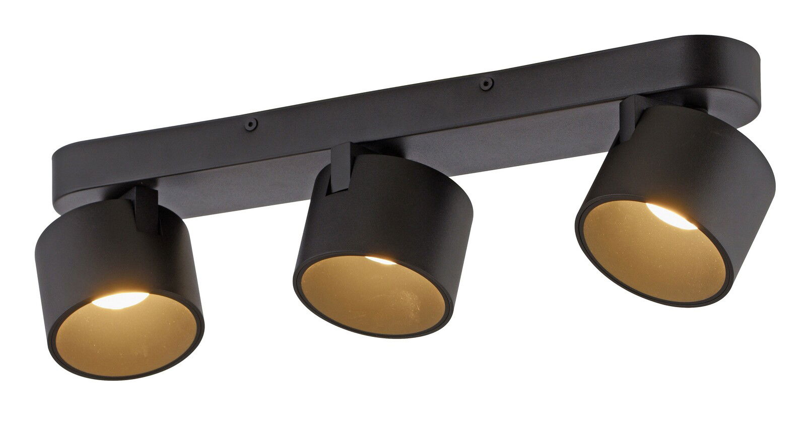 Dreifacher LED-Spot in schwarzem Gehäuse, seitliche Perspektive