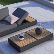 Moderne loungestoel voor in de tuin en salontafel van hout en metaal, zijaanzicht
