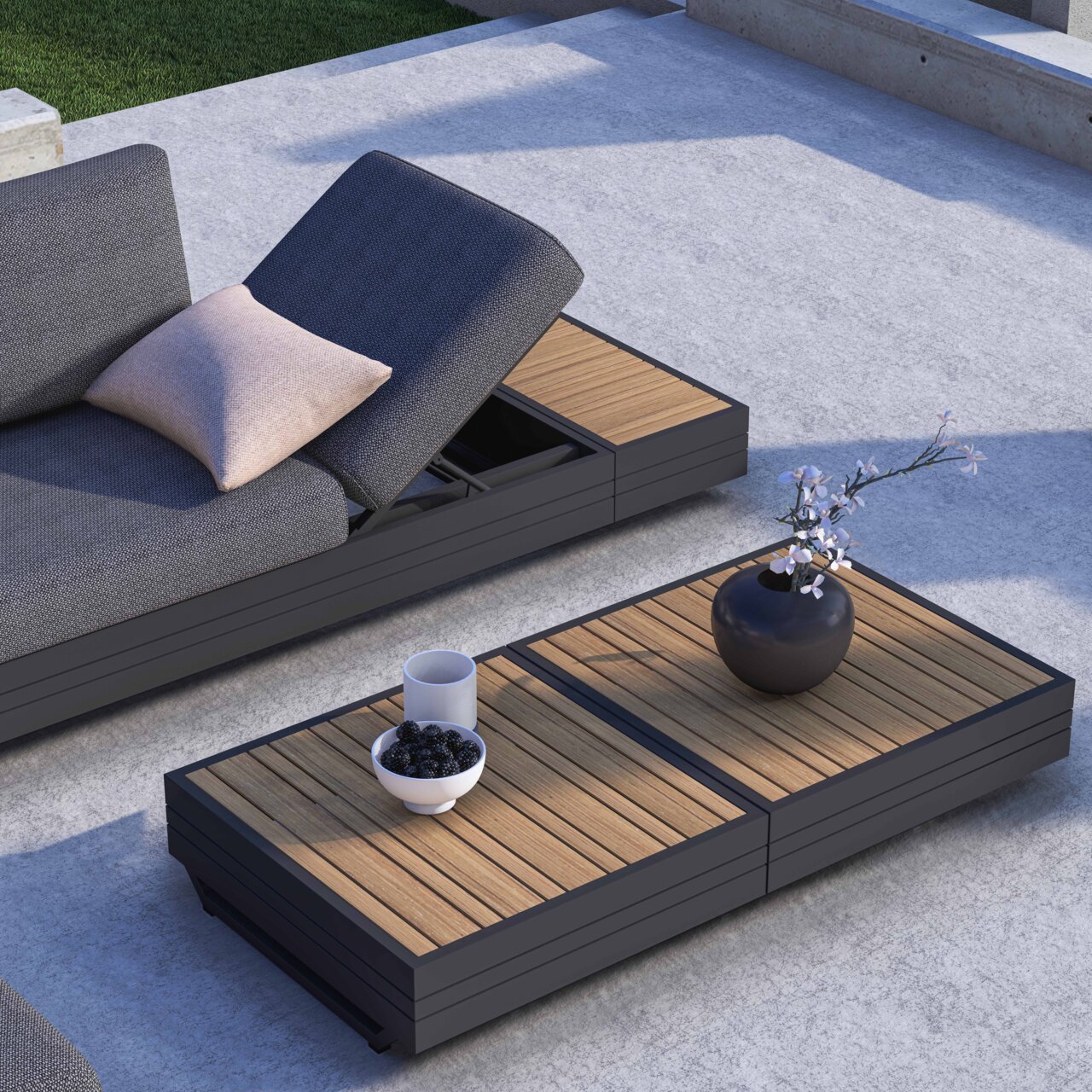 Moderne loungestoel voor in de tuin en salontafel van hout en metaal, zijaanzicht