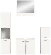 Frontale Ansicht der weißen Badkombination BOSTON mit Spiegel, hohem Schrank, Waschbeckenunterschrank und kleinem Schrank.