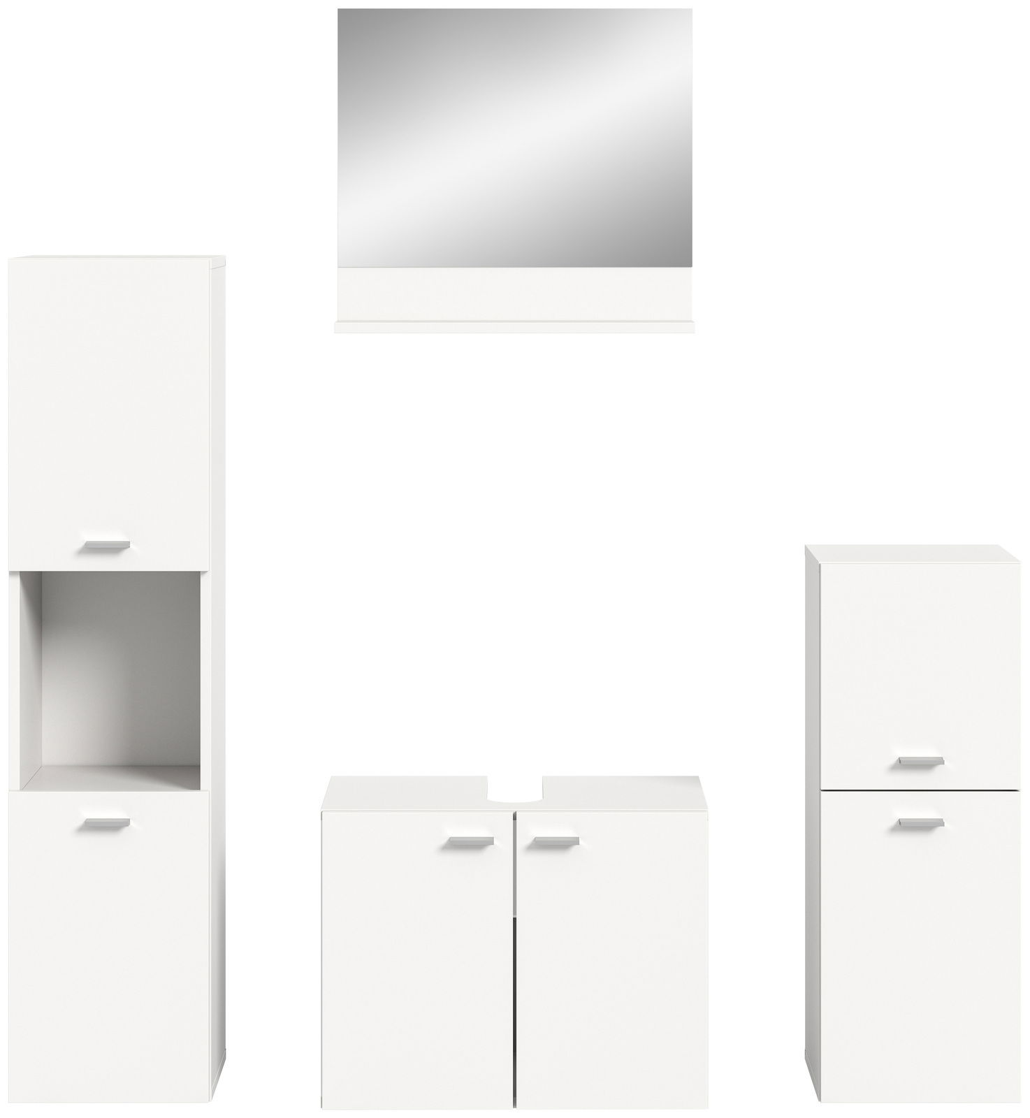 Frontale Ansicht der weißen Badkombination BOSTON mit Spiegel, hohem Schrank, Waschbeckenunterschrank und kleinem Schrank.