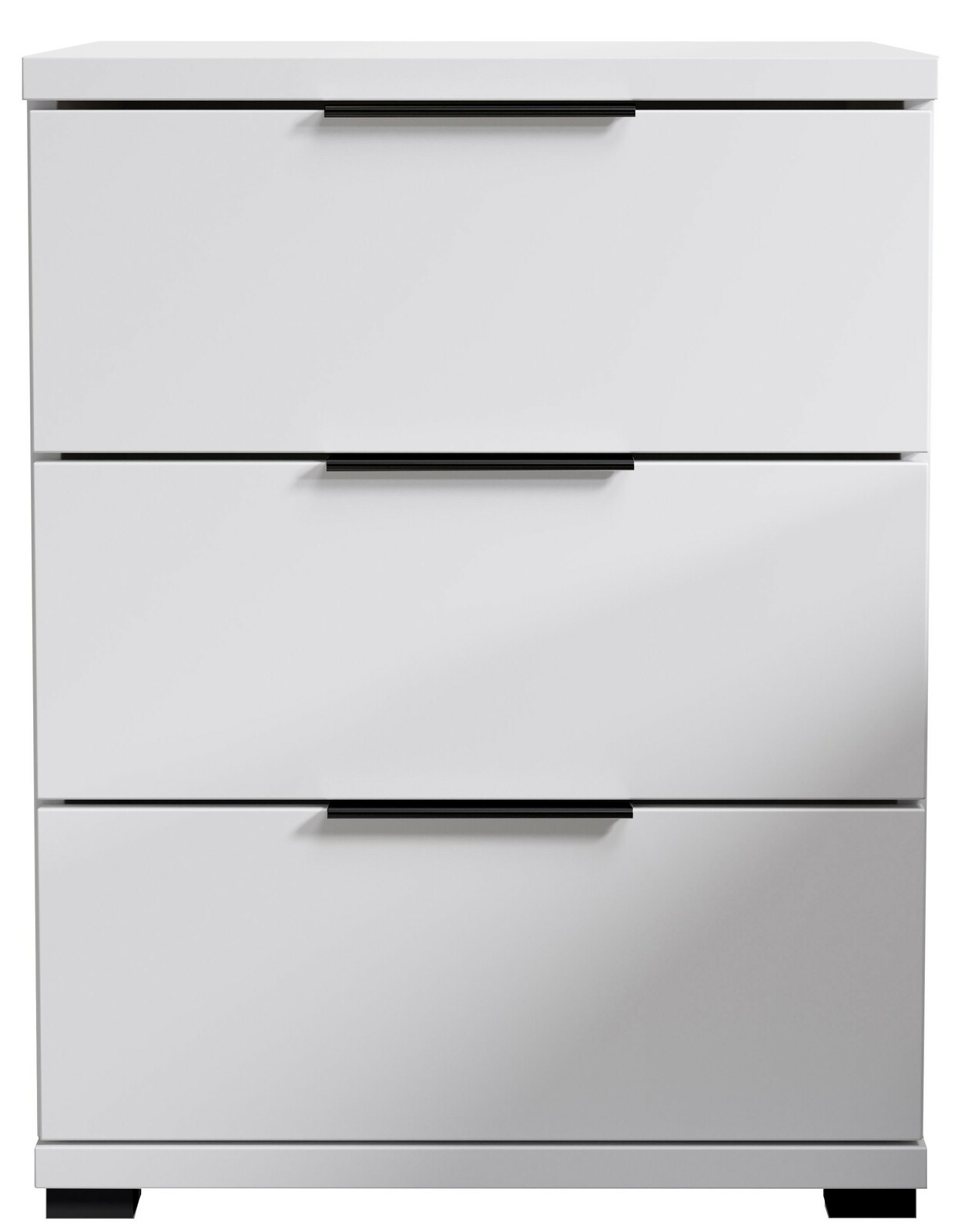 Weiße Nachtkommode mit drei Schubladen und schwarzen Griffen, frontale Ansicht