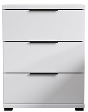 Weiße Nachtkommode mit drei Schubladen und schwarzen Griffen, frontale Ansicht