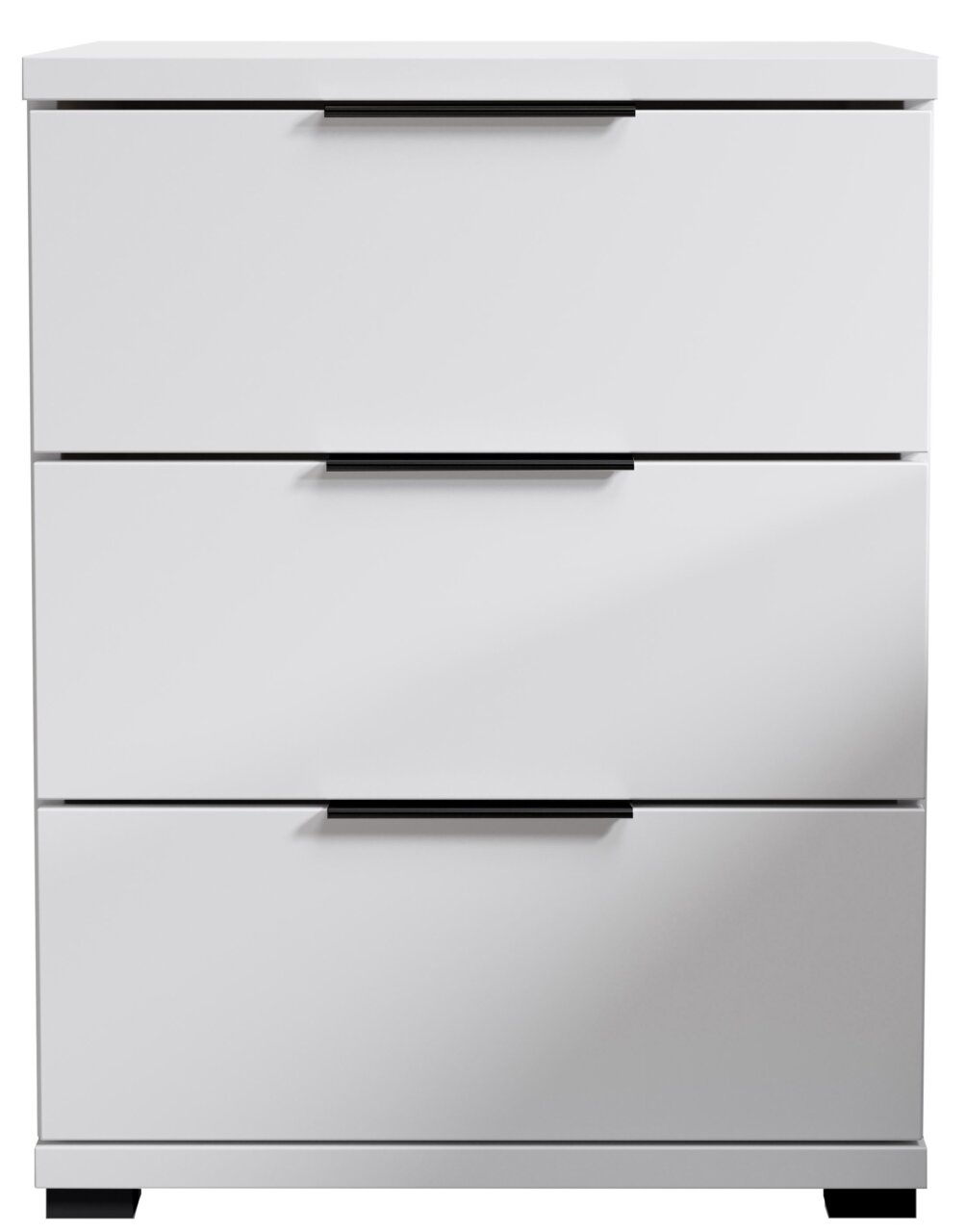 Weiße Nachtkommode mit drei Schubladen und schwarzen Griffen, frontale Ansicht