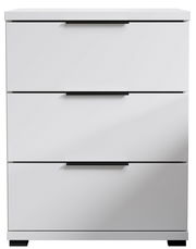 Weiße Nachtkommode mit drei Schubladen und schwarzen Griffen, frontale Ansicht